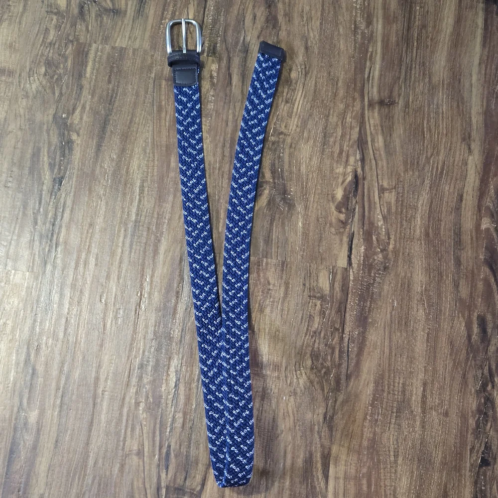 Stylish Woven Knit Navy Blue, White and Brown Men's Belt Stretch Braided Elastic